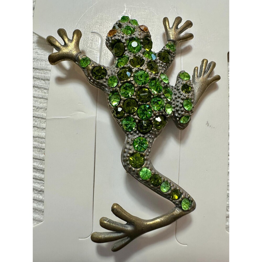 Vintage Green Crystal Rhinestone Frog Brooch Pin